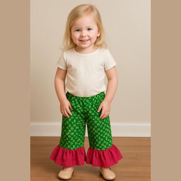 Boutique Girls Pants Sz 3 4 Green Floral Red Christmas Trees Snowflakes Ruffles - Picture 1 of 5